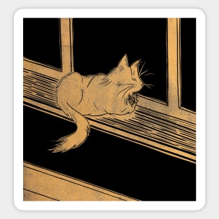 Maine Coon Cat on Windowsill Linocut in Gold and Black Sticker